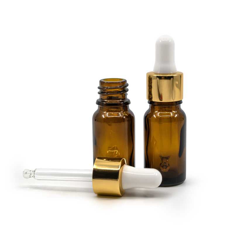 Amber Glass Bottle, Gold White Dropper, 10 ml