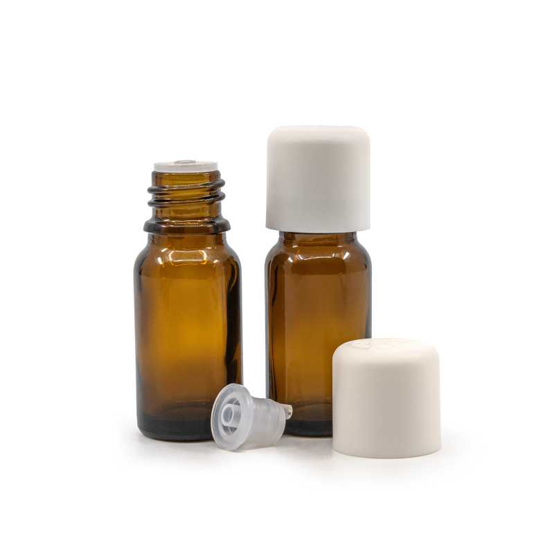 Amber Glass Bottle, White Safety Cap & Dropper, 10 ml