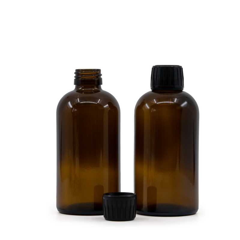 Amber Boston Round Sirup Glass Bottle, Black Cap, 250 ml