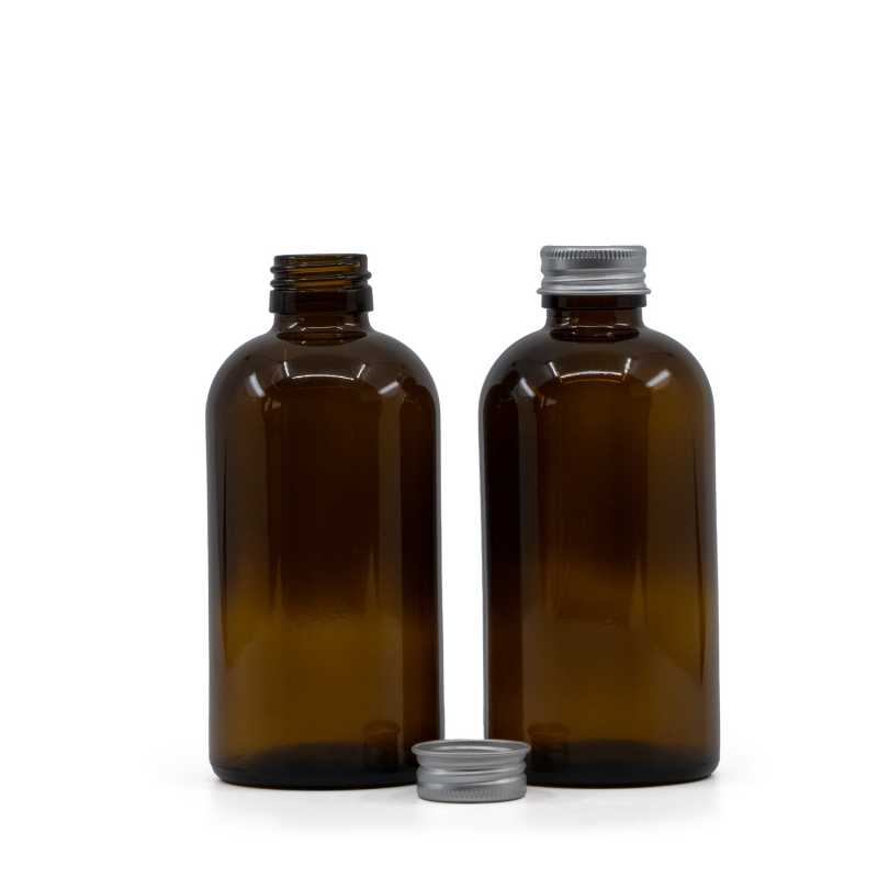 Amber Bosotn Round Sirup Glass Bottle, Silver Aluminium Cap, 250 ml