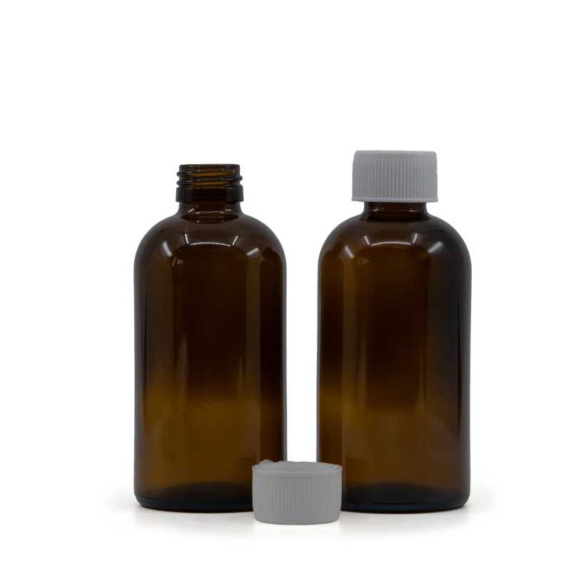 Amber Boston Round Sirup Glass Bottle, 28 mm, White Safety Cap, 250 ml