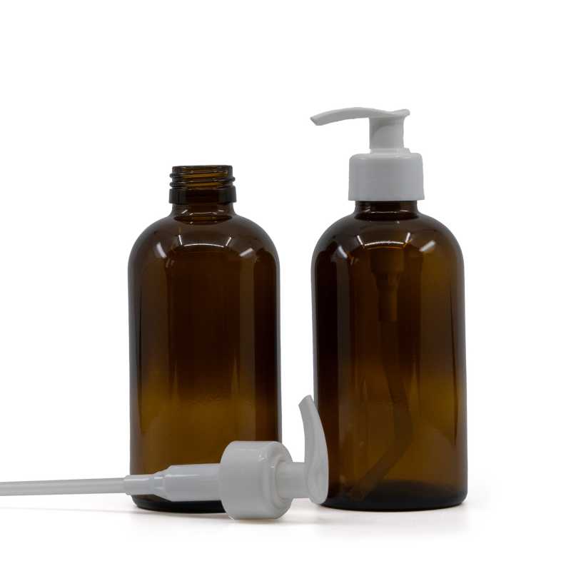 Amber Boston Glass Bottle, PP28S, White Pump, 250 ml