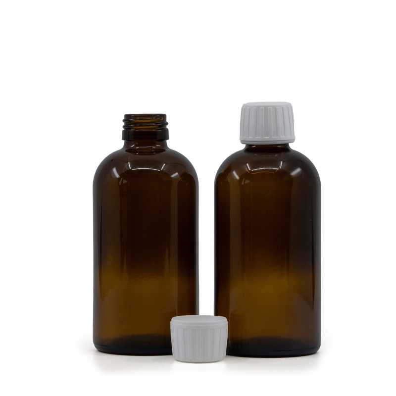 Amber Boston Round Sirup Glass Bottle, 28 mm, White Cap, 250 ml