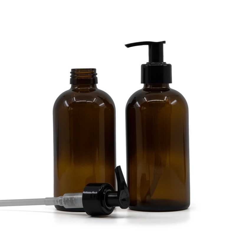 Amber Boston Glass Bottle, Black Smooth Pump, 250 ml