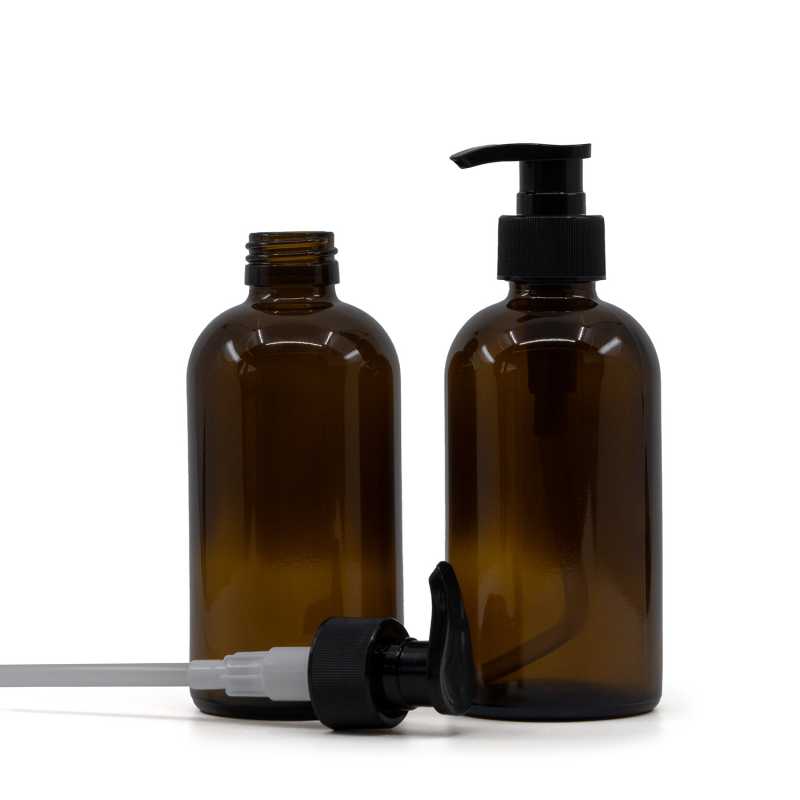 Amber Boston Glass Bottle, Black Ribbed Pump, 250 ml