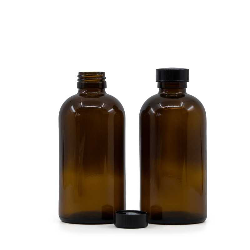 Amber Boston Round Sirup Glass Bottle, Bakelite Black Cap, 250 ml