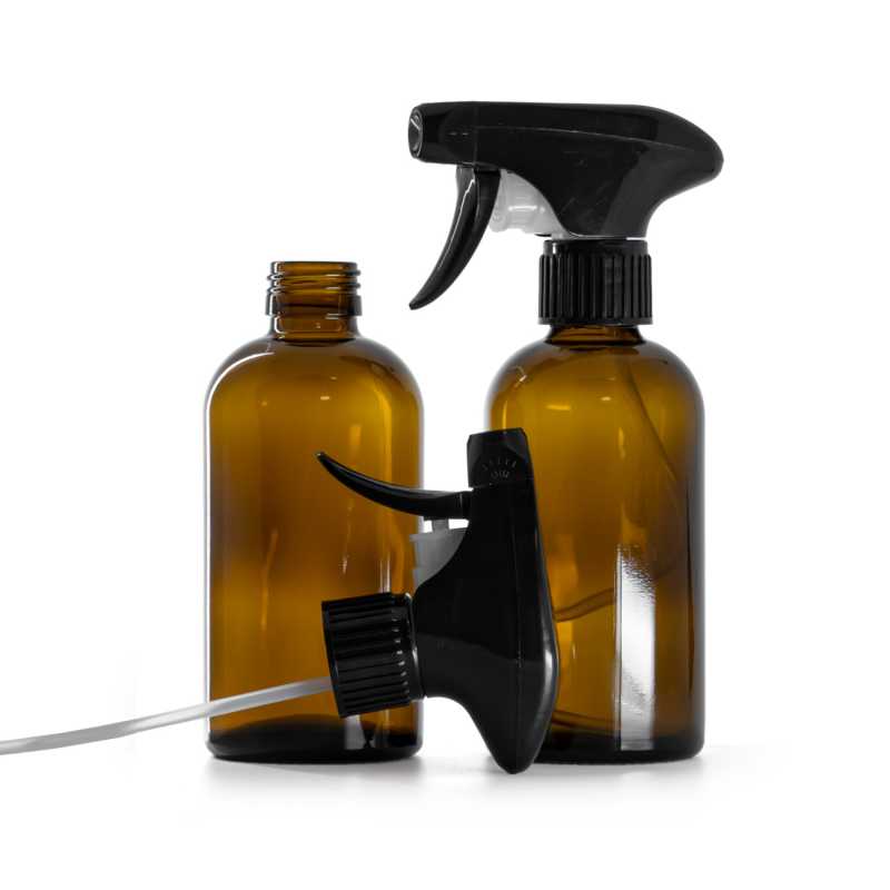 Amber Boston Glass Bottle, PP28, Black Trigger Sprayer, 250 ml