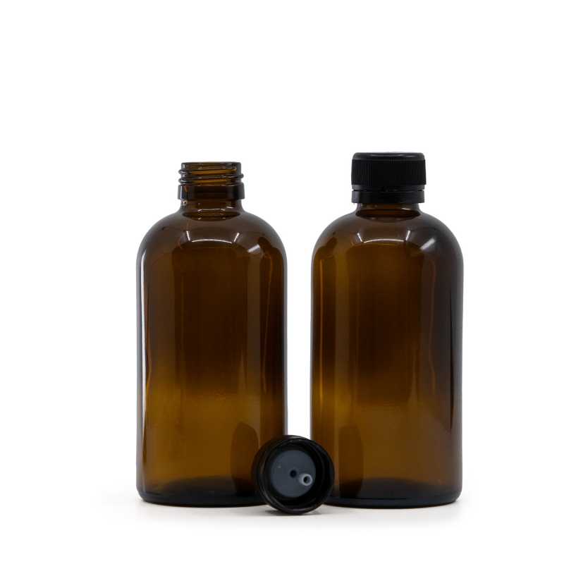 Amber Boston Round Sirup Glass Bottle, Black Cap with Dropper, 250 ml