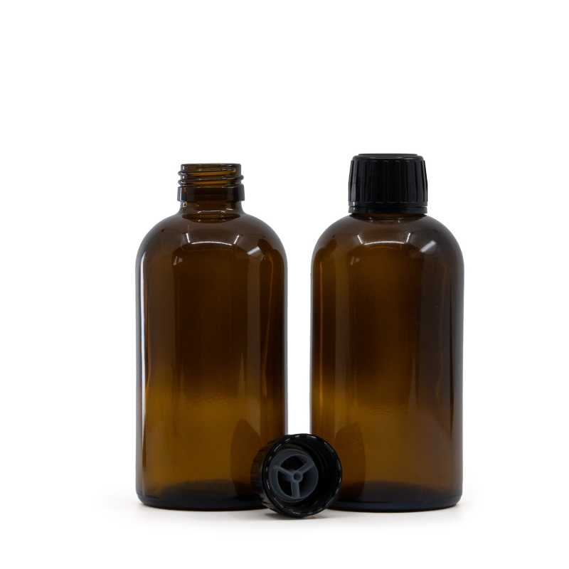 Amber Boston Round Glass Bottle, PP28, Black Cap & Pourer, 250 ml