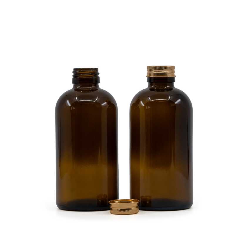 Amber Boston Round Sirup Glass Bottle, Rose Gold Aluminium Cap, 250 ml