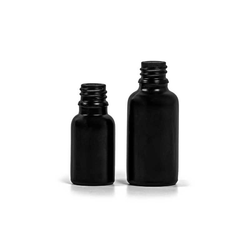 Theglass bottle, the so-called vial, is made of thick glass in black matt finish. It is used for storing liquids, which, thanks to its colour, it effectively pr