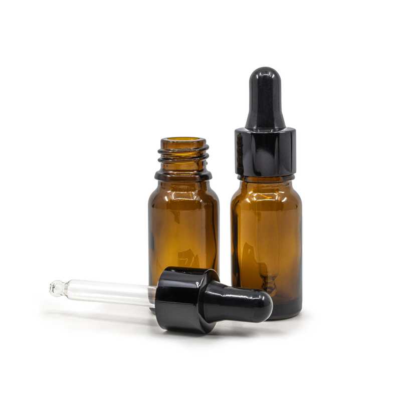 Amber Glass Bottle, Glossy Black Dropper, 10 ml
