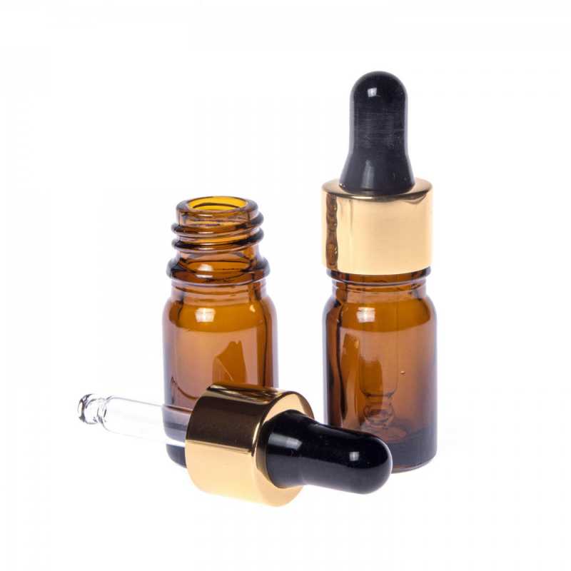 Amber Glass Bottle, Gold Black Dropper, 5 ml