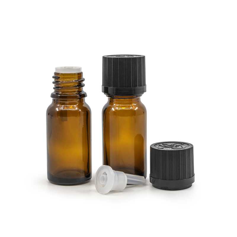 Amber Glass Bottle, Black Safety Cap & Dropper 10 ml