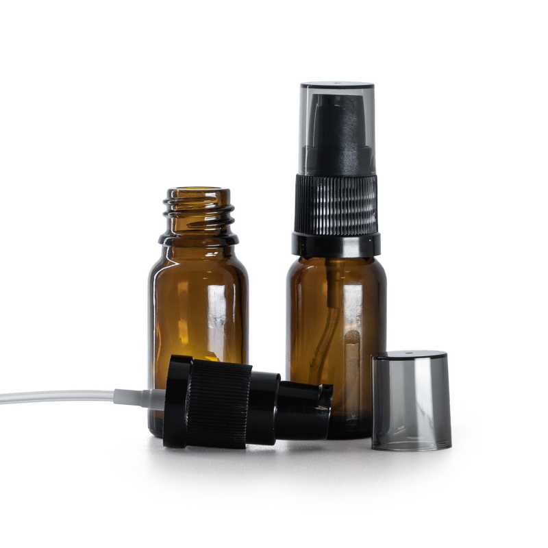 Amber Glass Bottle, Black Lotion Pump with Smoky Overcap, 10 ml