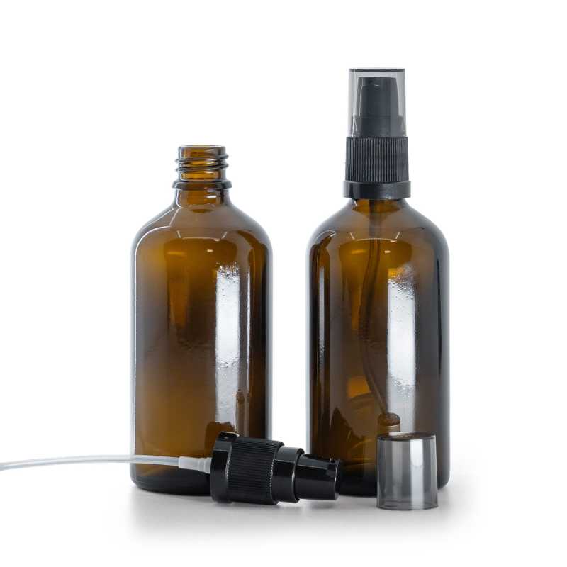 Amber Glass Bottle, Black Lotion Pump with Smoky Overcap, 100 ml