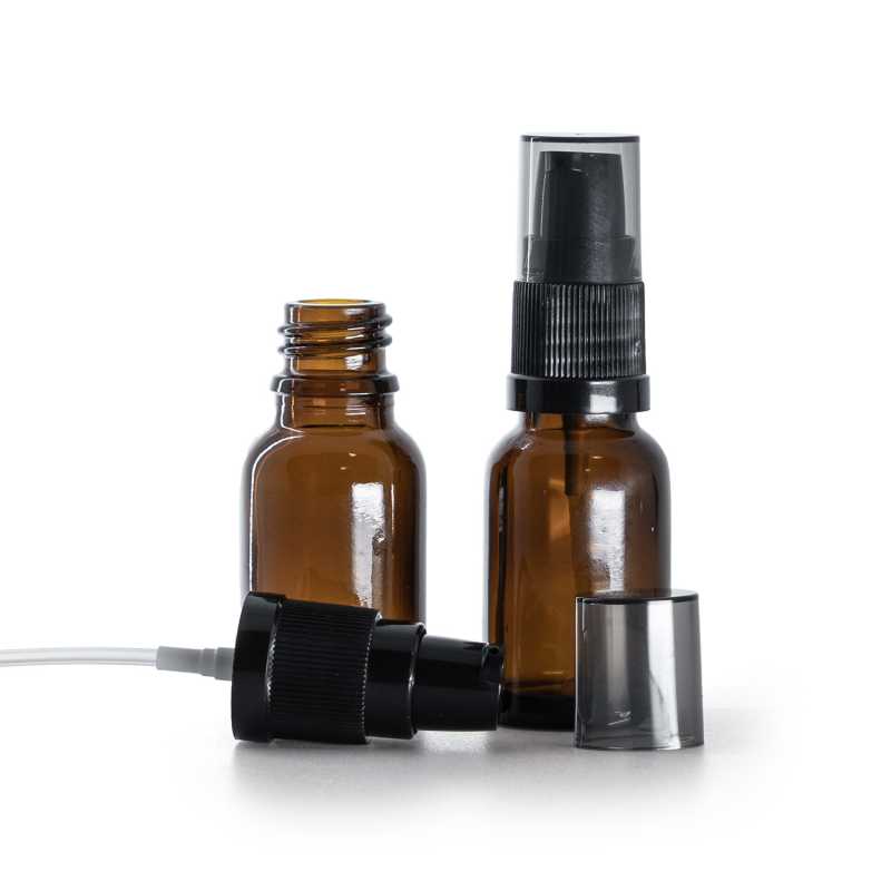Amber Glass Bottle, Black Lotion Pump with Smoky Overcap, 15 ml