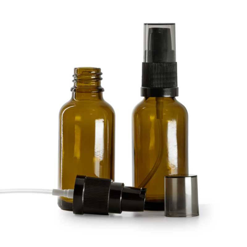 Amber Glass Bottle, Black Lotion Pump with Smoky Overcap, 30 ml
