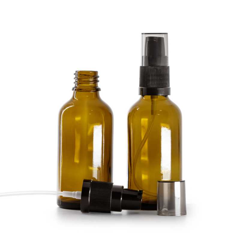 Amber Glass Bottle, Black Lotion Pump with Smoky Overcap, 50 ml