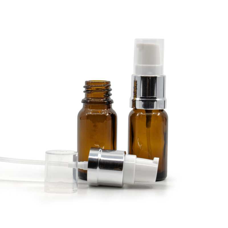Ambre Glass Bottle, Glossy Silver White Pump, 10 ml