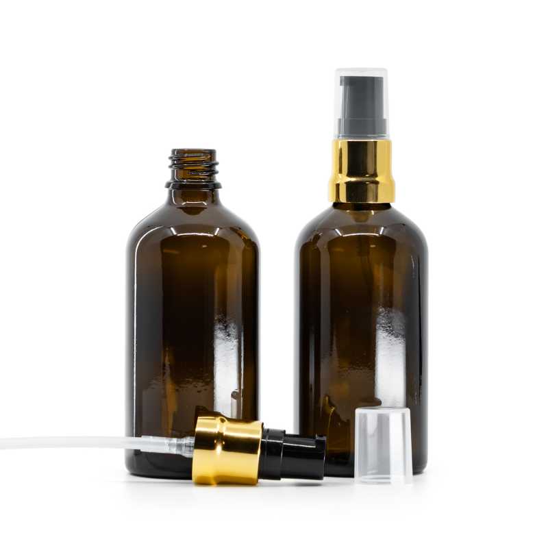 Amber Glass Bottle, Glossy Gold Black Pump With Clear Overcap, 100 ml