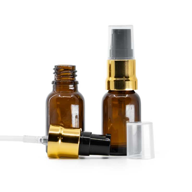 Amber Glass Bottle, Glossy Gold Black Pump With Clear Overcap, 15 ml