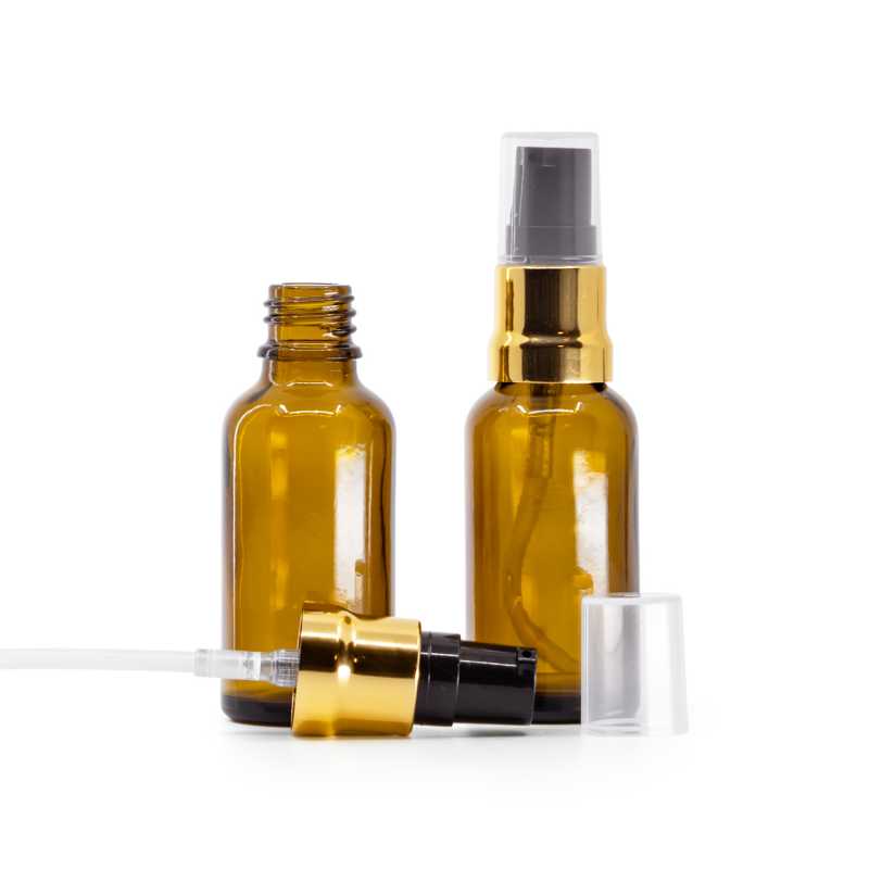 Amber Glass Bottle, Glossy Gold Black Pump With Clear Overcap, 30 ml
