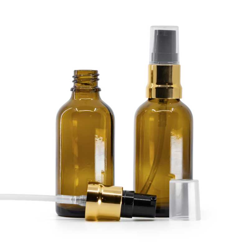 Amber Glass Bottle, Glossy Gold Black Pump With Clear Overcap, 50 ml