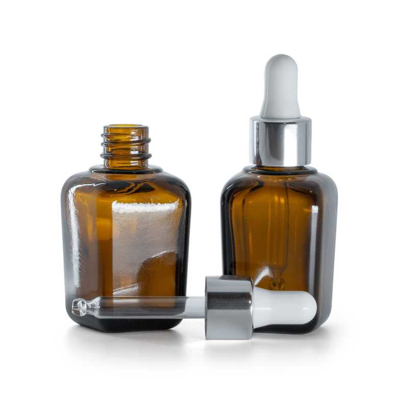 Amber Glass Square Bottle, Glossy Silver Dropper, 30 ml