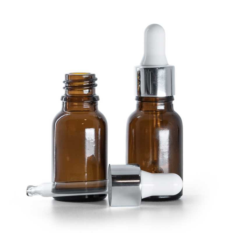 Amber Glass Bottle, Glossy Silver Dropper, 15 ml