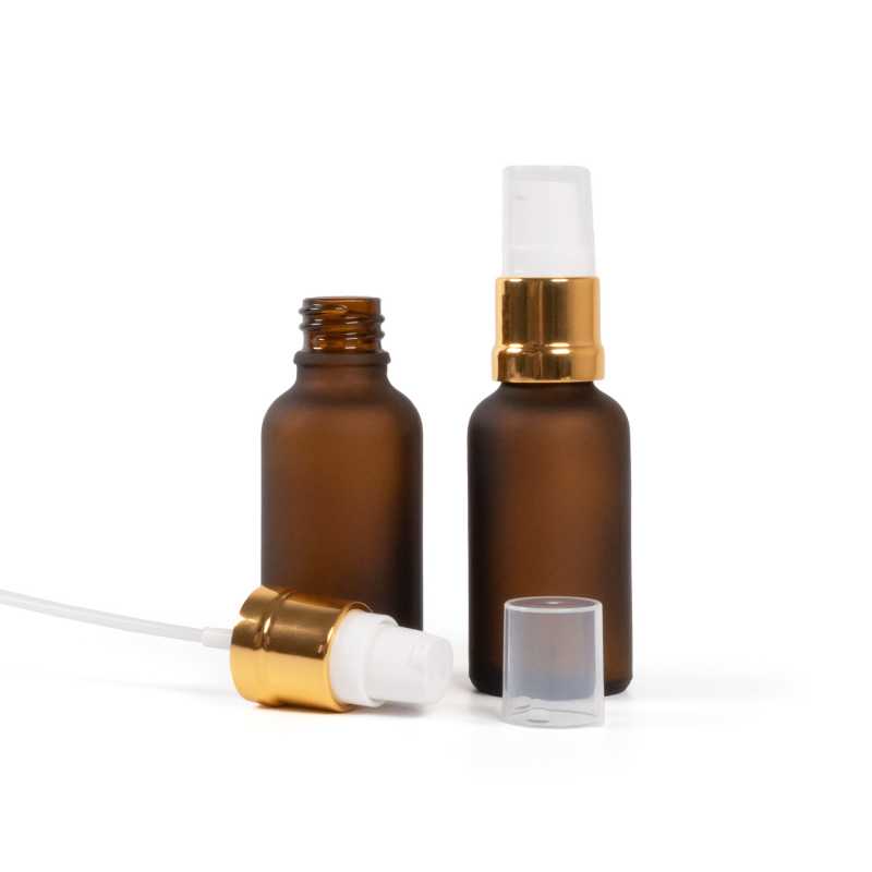 Amber Matte Glass Bottle, Glossy Gold White Pump, 30 ml