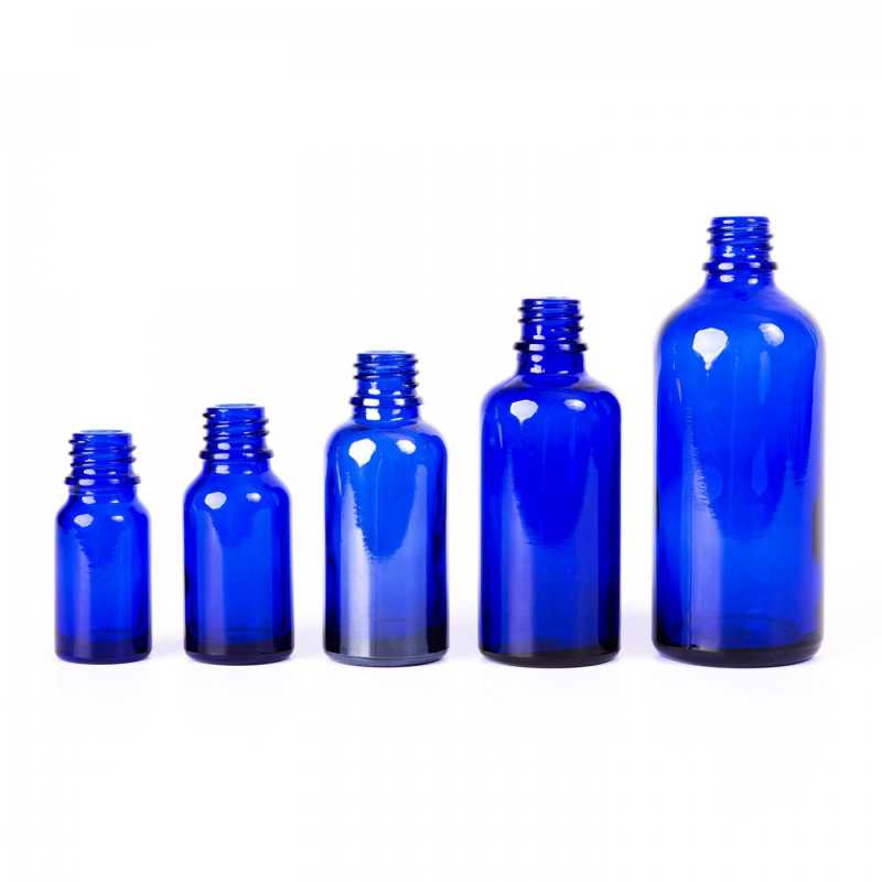 Glass bottle, so called vial, made of thick glass of dark blue colour. It is used for storing liquids, which, thanks to its colour, it effectively protects from