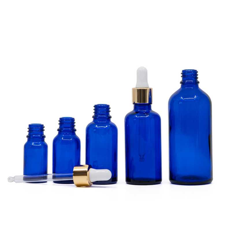 Blue Glass Bottle, Golden White Dropper, 5 ml