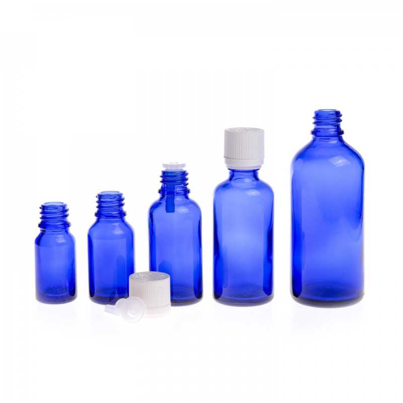 Blue Glass Bottle, White Tamper Evident Safety Cap & Dropper, 5 ml