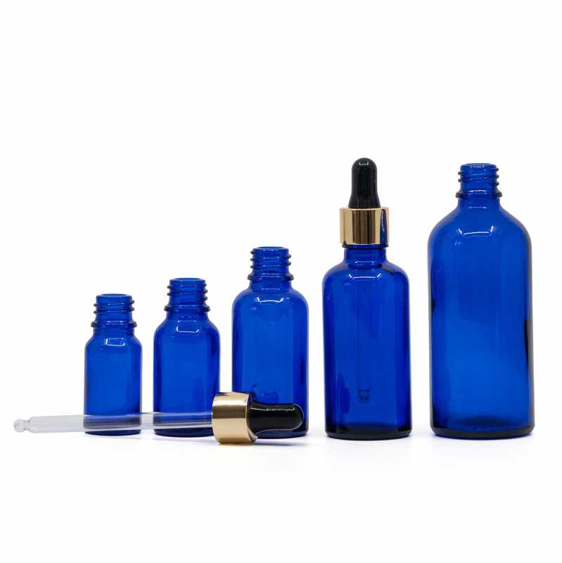 Blue Glass Bottle, Gold Black Dropper, 5 ml