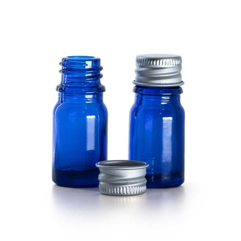Blue Glass Bottle, Silver Aluminium Cap, 5 ml