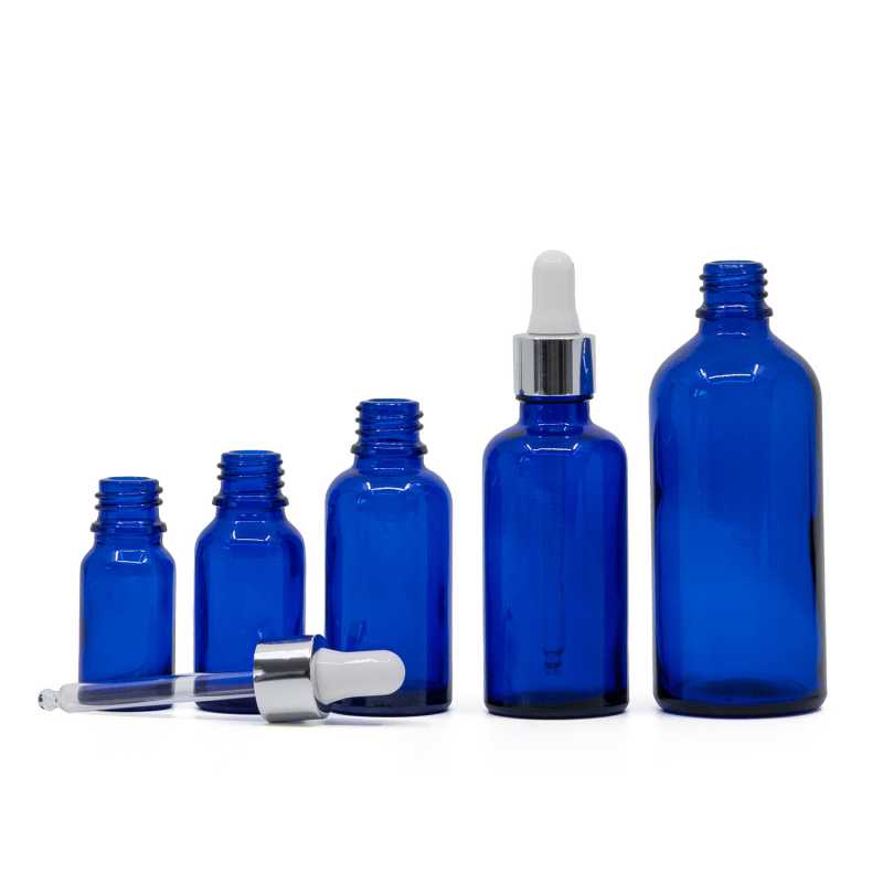 Blue Glass Bottle, Glossy Silver Dropper, 5 ml