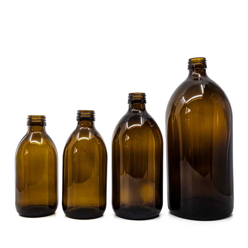 Amber Round Sirup Glass Bottle, PP28S, 300 ml