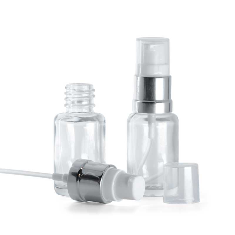 Clear Glass Bottle, Round, Glossy Silver White Pump, 12 ml