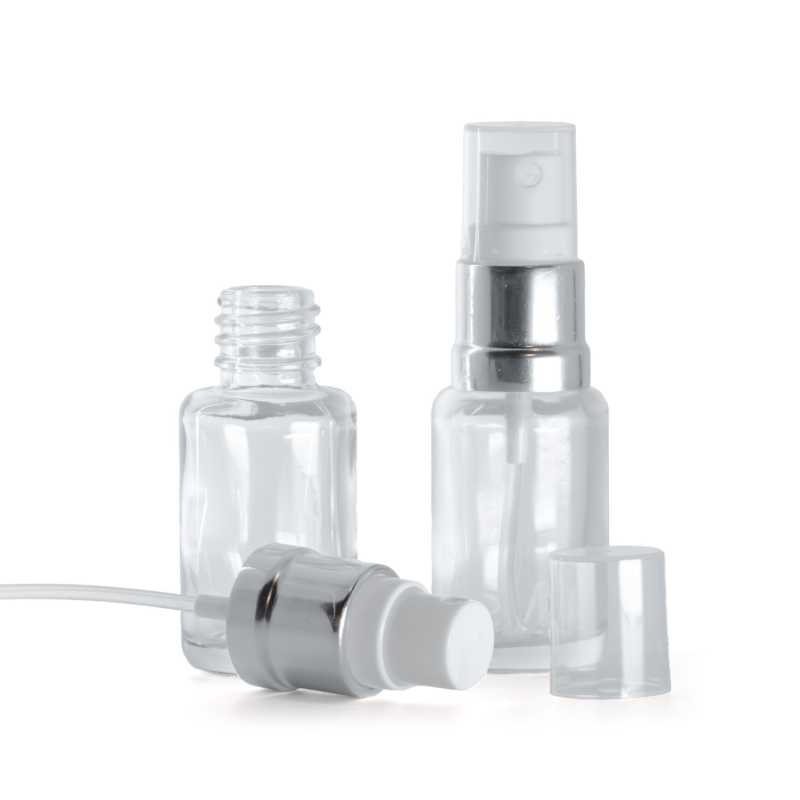 Clear Glass Bottle, Round, Glossy Silver White Spray, 12 ml