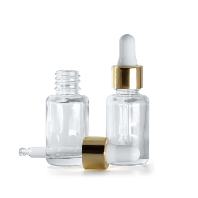 Clear Glass Bottle, Round, Gold White Dropper, 12 ml