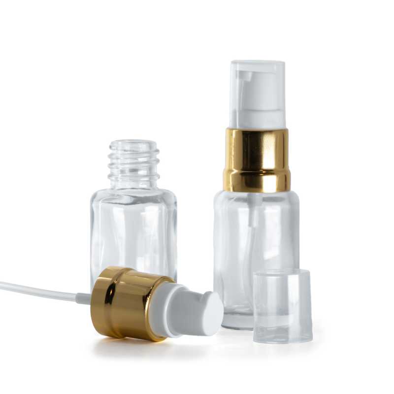 Clear Glass Bottle, Round, Glossy Golden White Pump, 12 ml