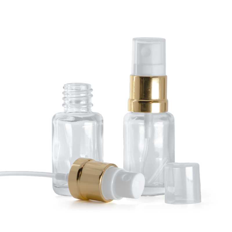Clear Glass Bottle, Round, Glossy Gold White Spray, 12 ml