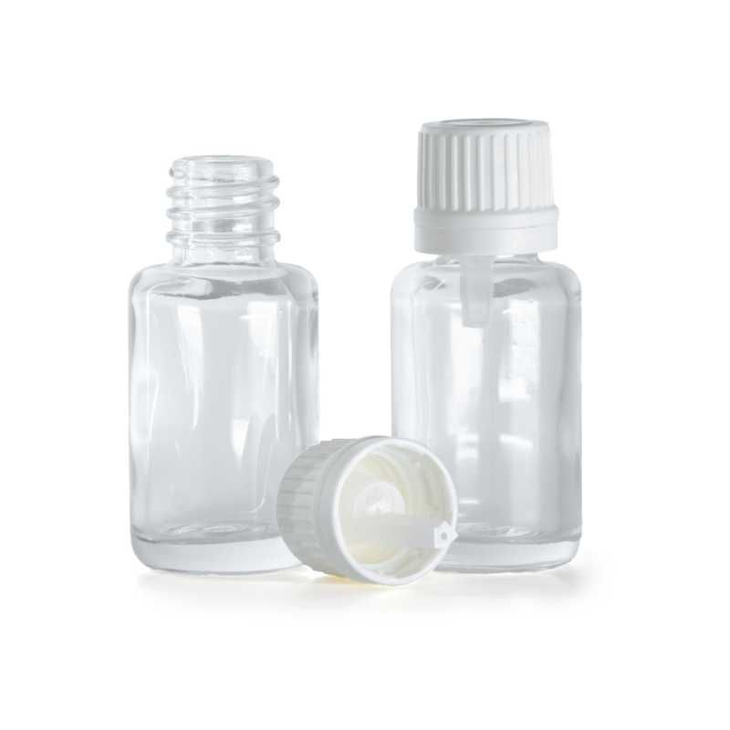 Clear Glass Bottle, Round, White Tamper Evident Cap & Dropper, 12 ml