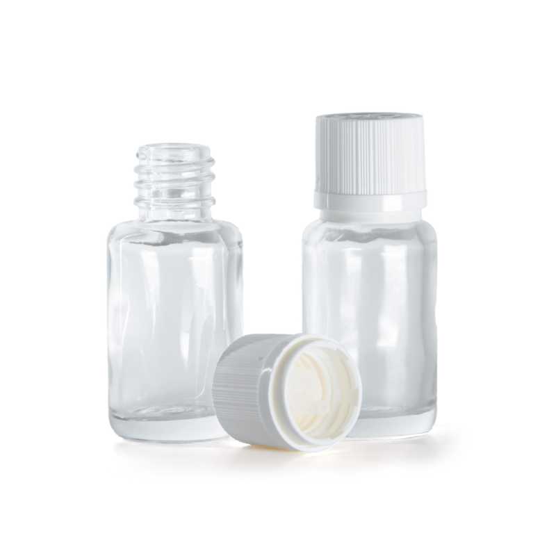 Clear Glass Bottle, Round, White Tamper Evident Safety Cap & Dropper, 12 ml