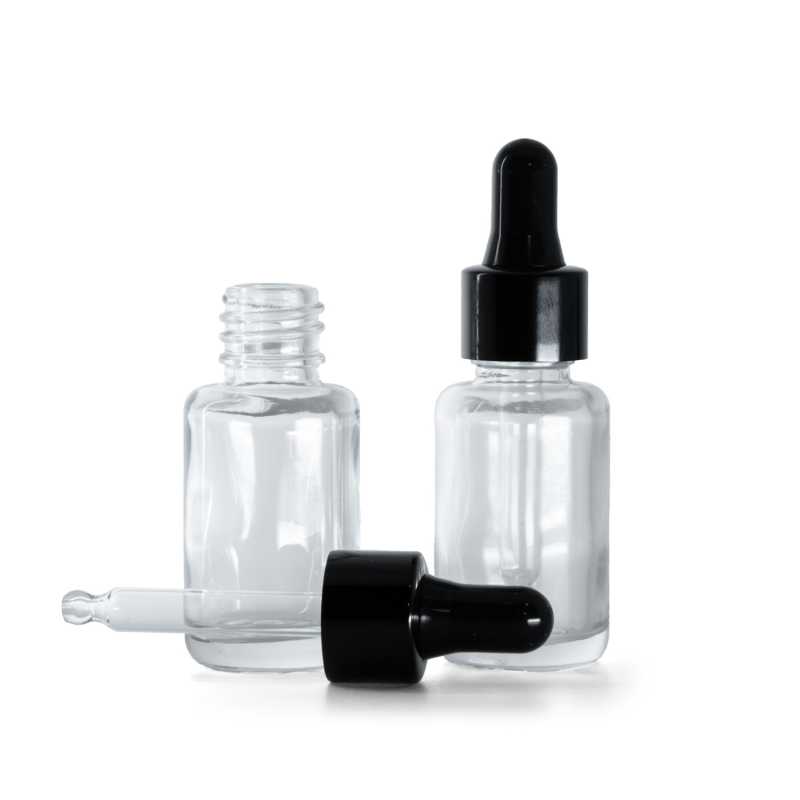Clear Glass Bottle, Round, Glossy Black Dropper, 12 ml