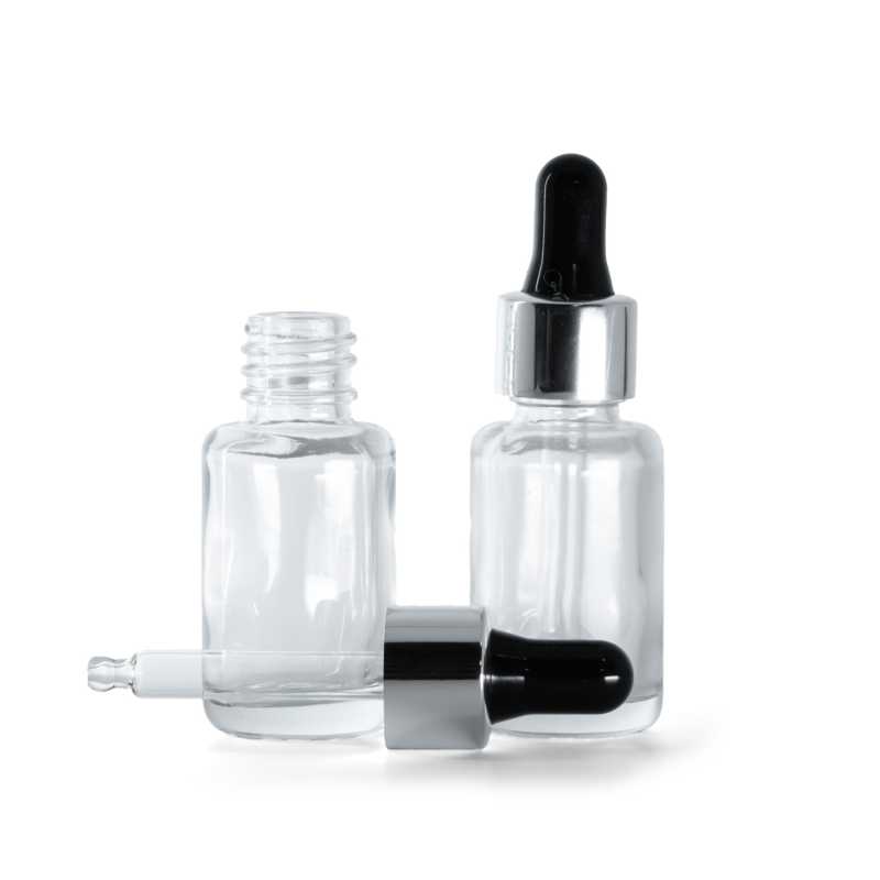 Clear Glass Bottle, Round, Silver Black Dropper, 12 ml