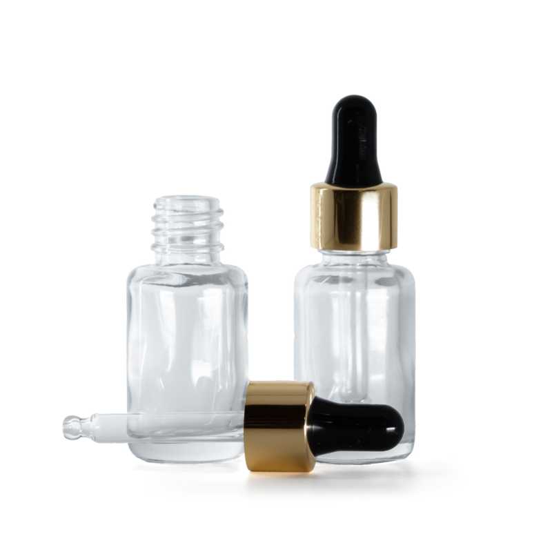 Clear Glass Bottle, Round, Gold Black Dropper, 12 ml