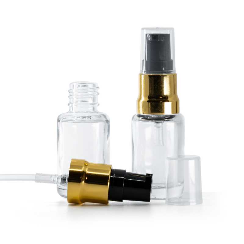 Clear Glass Bottle, Glossy Gold Black Pump With Clear Overcap, 12 ml