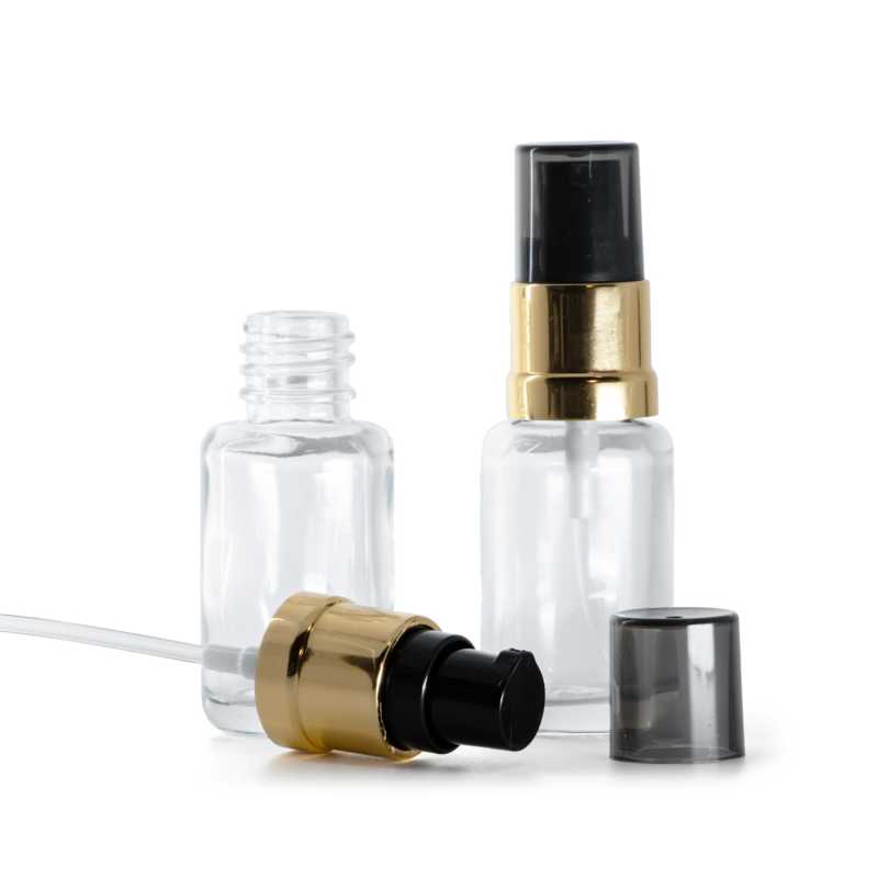 Clear Glass Bottle, Round, Glossy Golden Black Pump, 12 ml
